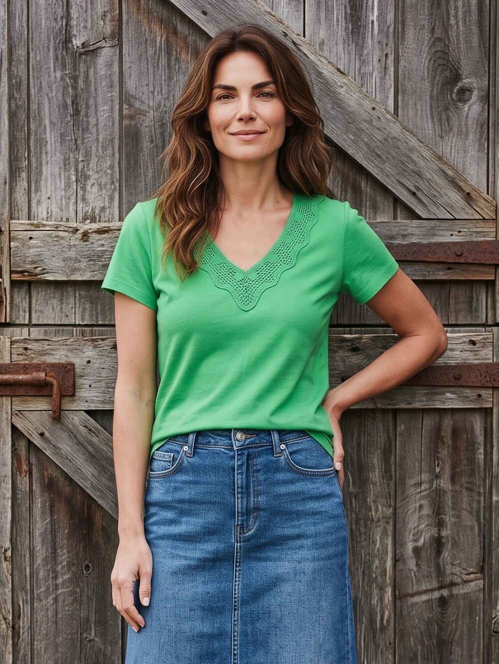Ralph Lauren Green Crochet-Trim V-Neck Short Sleeve Tee